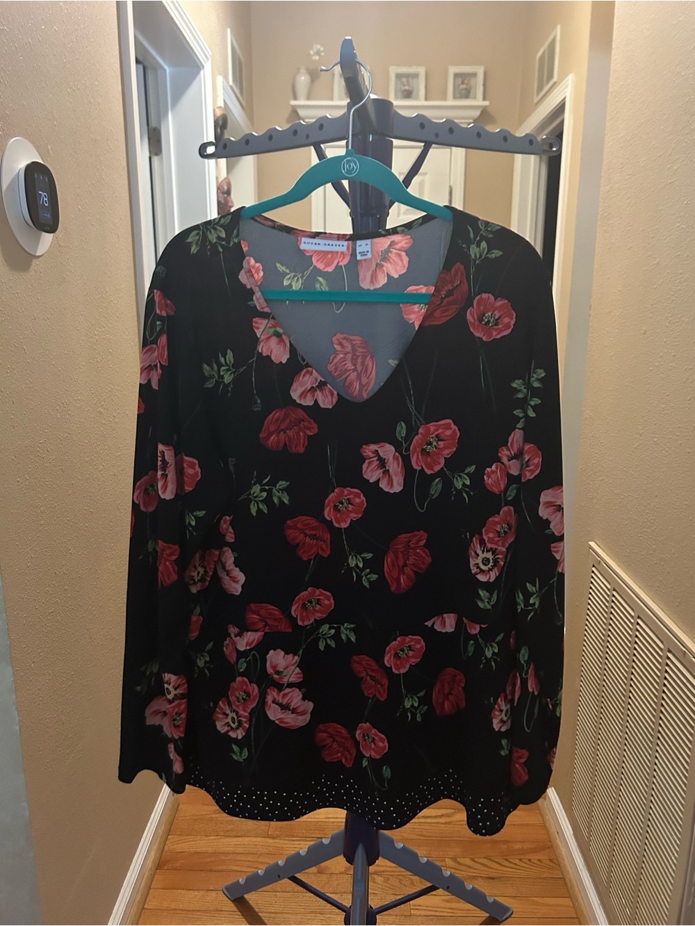 Susan Graver Black V-Neck Tunic with Red Floral Print
